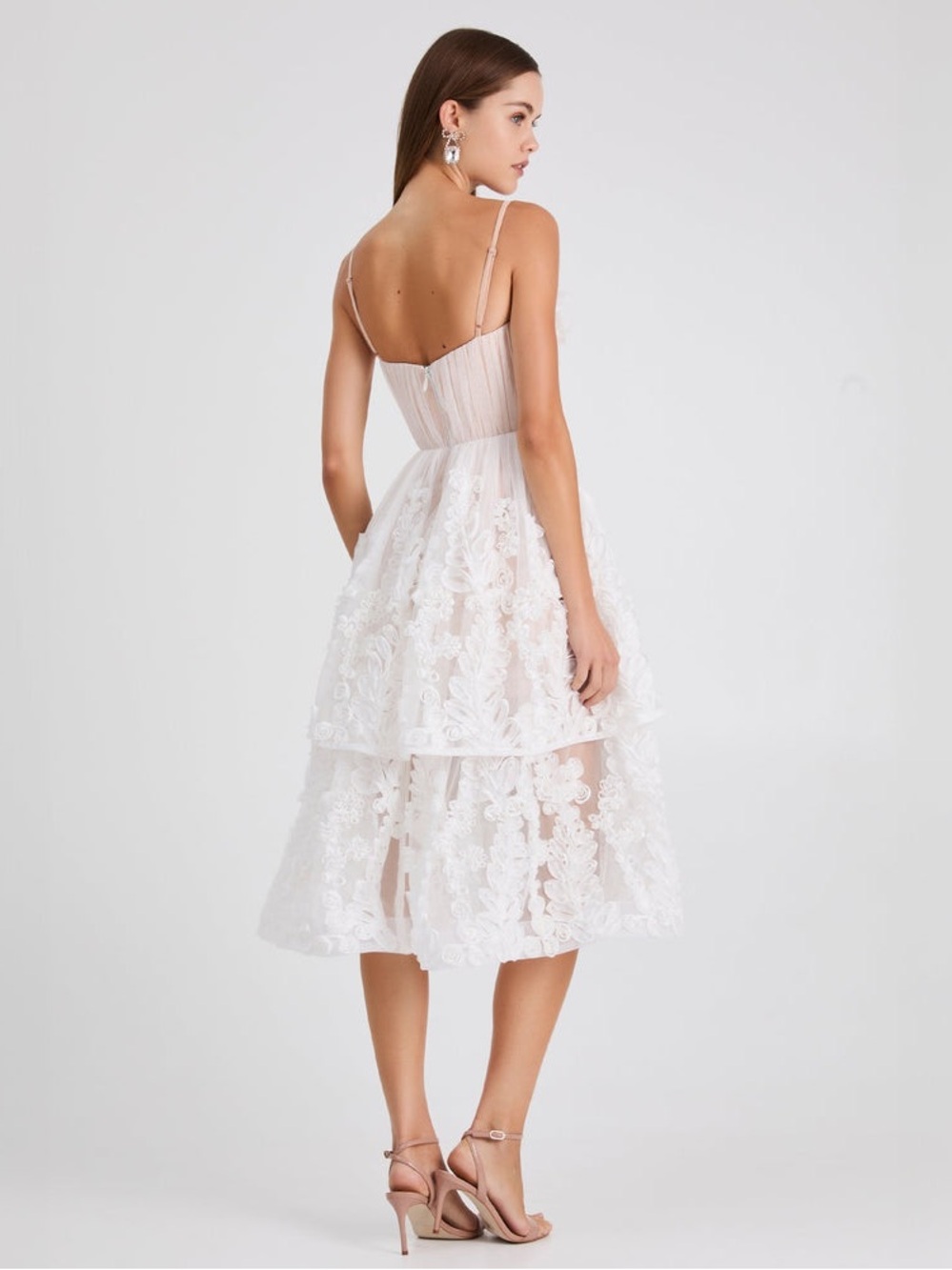 Helsi Juliette strapless 3D floral appliqué White Tiered Midi Dress  Size XS - Picture 3 of 11